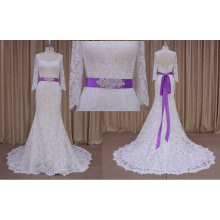 mm010 Long Sleeve Back Keyhole Bridal Dress with Purple Belt